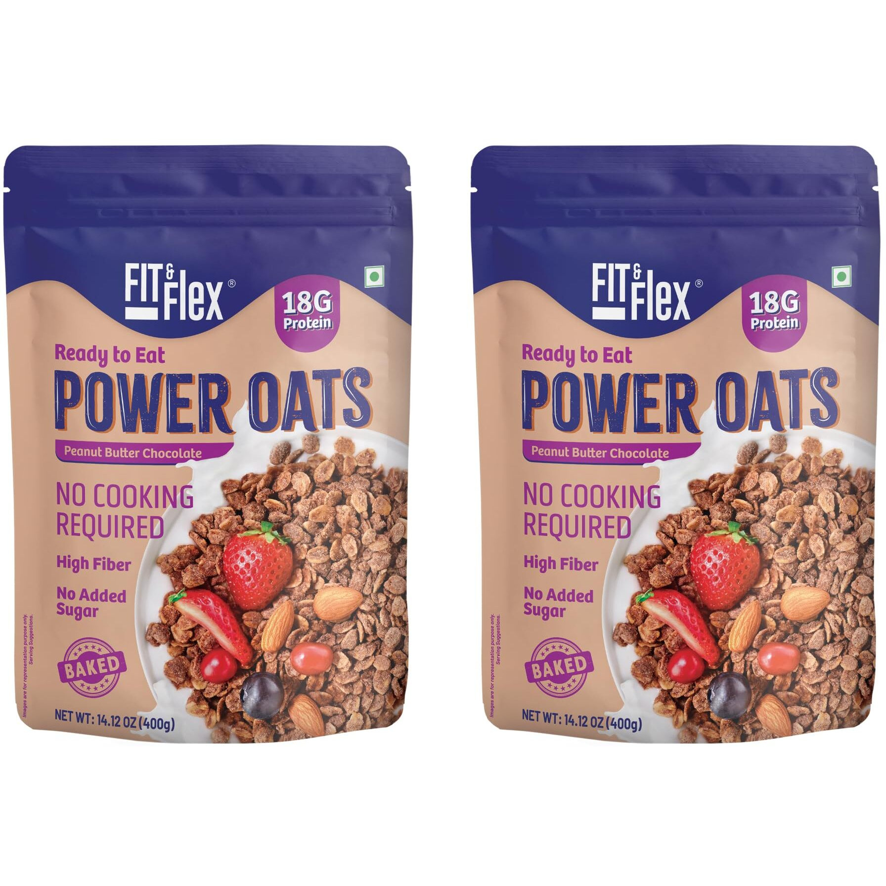 FIT & FLEX High Protein Ready To Eat Baked Peanut Butter Chocolate Oats, Zero Sugar, Gluten Free & Preservative Free - As Seen on Shark Tank India - (400 g Each) (Pack of 2)