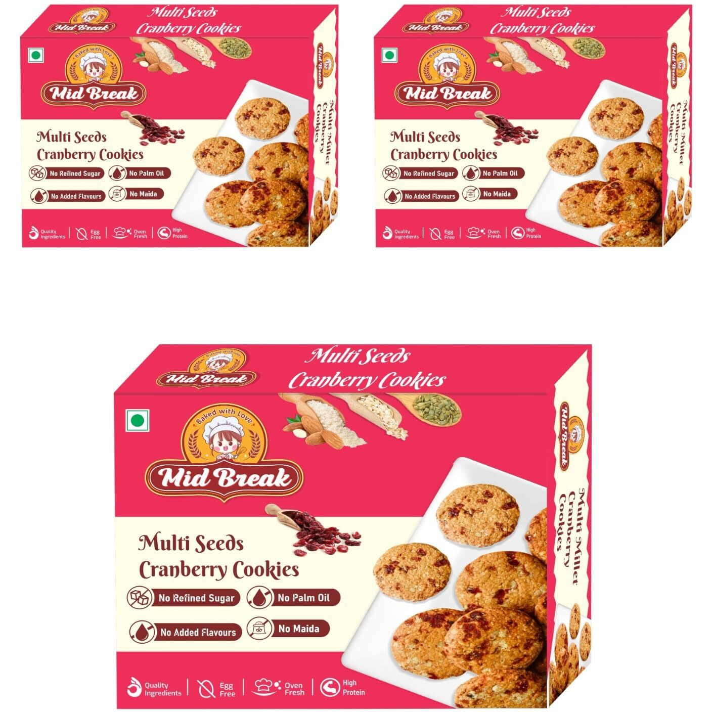 Midbreak Multi Seeds Cranberry Oats Cookies - Gluten-Free, No Refined Sugar, Made with Sorghum, Almond, and Oats Flour - Healthy, Nutritious, and Delicious | Pack of 3 | 600g