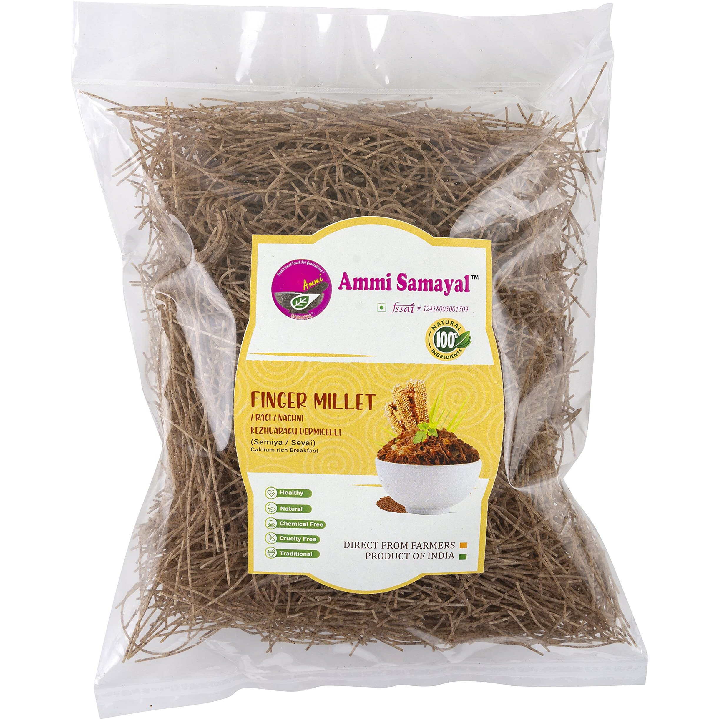 Ammi Samayal Ragi Vermicelli (Semia)|Semiya Rich In Dietary Fiber,Calcium & Iron|Premium & Organic Breakfast|South Indian Flavor|Tasty Meal|Good Diet For Weight Loss|Pack 2,350 Grams,Gluten Free