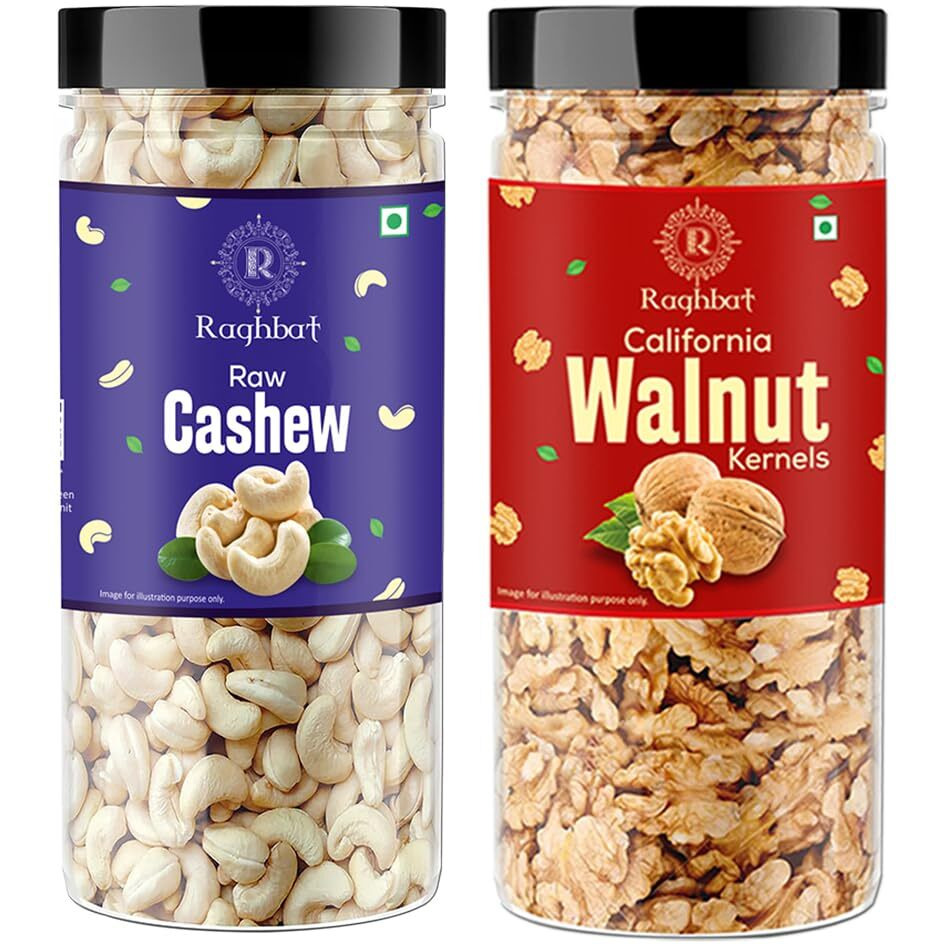 Raghbat Dry Fruits 500g Combo Pack - Cashew 250g, Akhrot Giri 250g Jar Each - Cashew, Walnuts