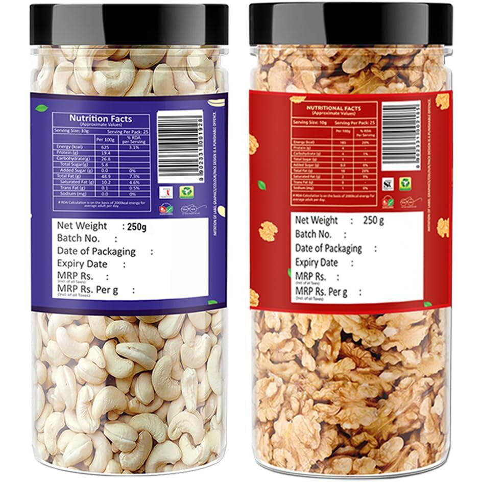 Raghbat Dry Fruits 500g Combo Pack - Cashew 250g, Akhrot Giri 250g Jar Each - Cashew, Walnuts