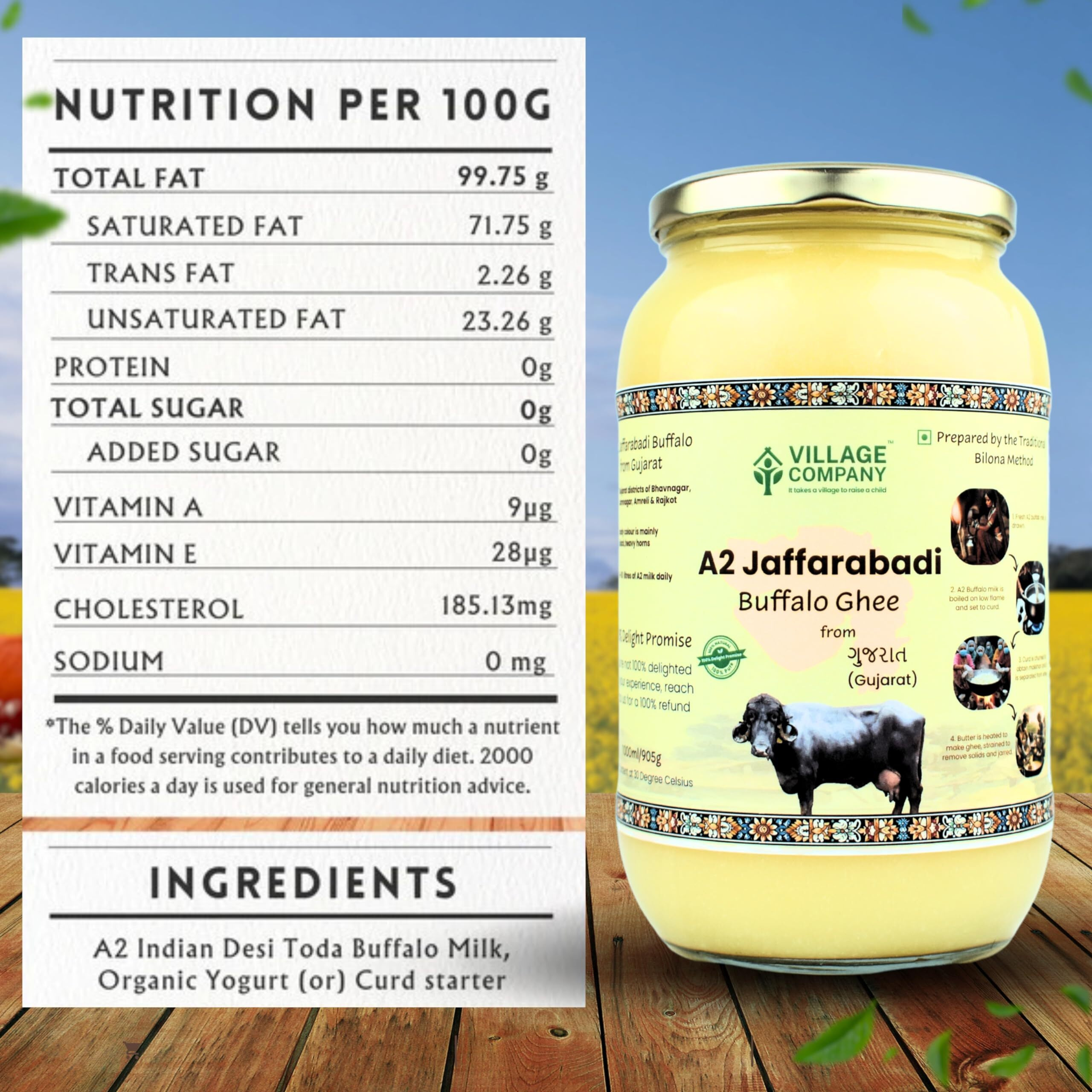 Village Company A2 Buffalo Desi Ghee 1000ML | Ghee Vedic Bilona Method | Organic Pure Natural | Two Way Curd Churned - Best Farm Fresh Grass Fed Cattle Milk | India Lab Certified | Glass Jar One Litre