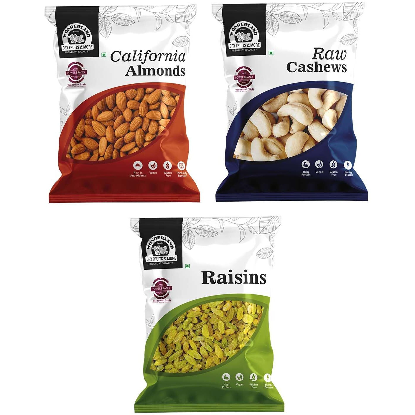 WONDERLAND FOODS Dry Fruits Combo Pack of 3 300g (100g X 3) Pouch | Raw Almonds, Cashews & Raisins