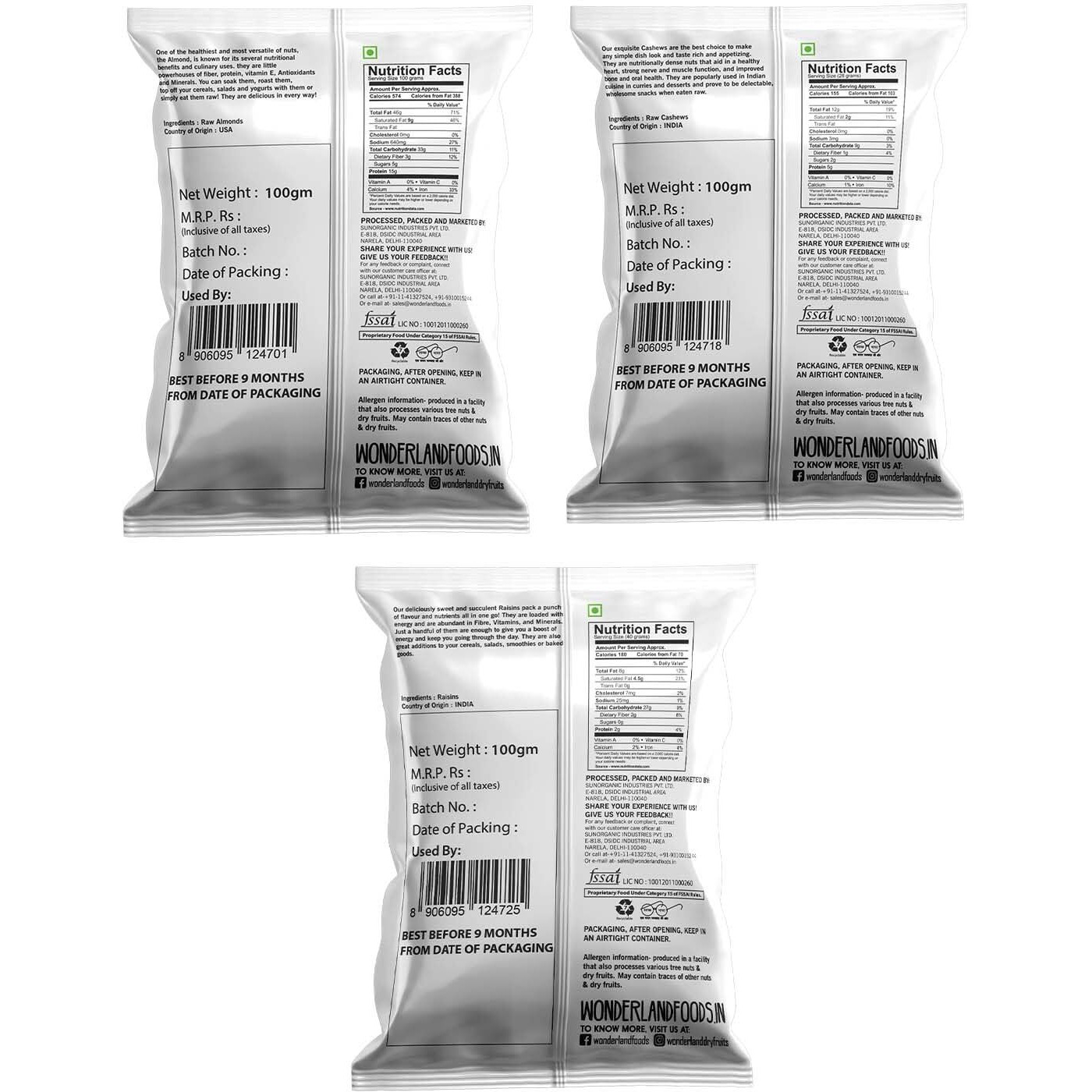WONDERLAND FOODS Dry Fruits Combo Pack of 3 300g (100g X 3) Pouch | Raw Almonds, Cashews & Raisins
