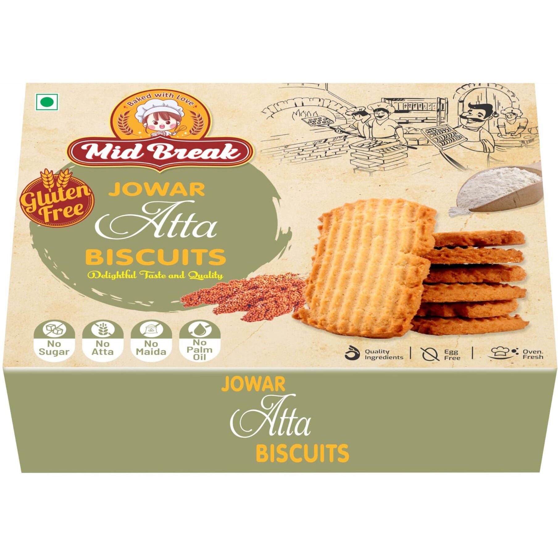 Mid Break Jowar Atta Biscuits - 200gm (Pack Of 1) | Millets Cookies | Gluten Free | Maida and Egg Free Biscuits Snack With No Added Sugar & Palm Oil | Oven Fresh Biscuits | High In Fiber, Protein & Wholesome Nutrition
