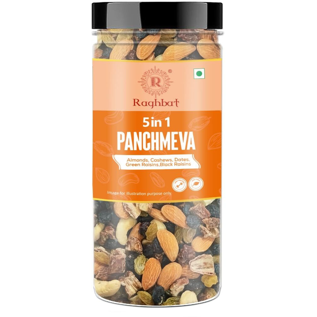 Raghbat Panchmeva 250g I Healthy Trail Mix | Mixed Nuts Healthy Snacks | Almonds Cashews,Green & Black Raisins, Dates | Dry Fruits | Ready to Eat