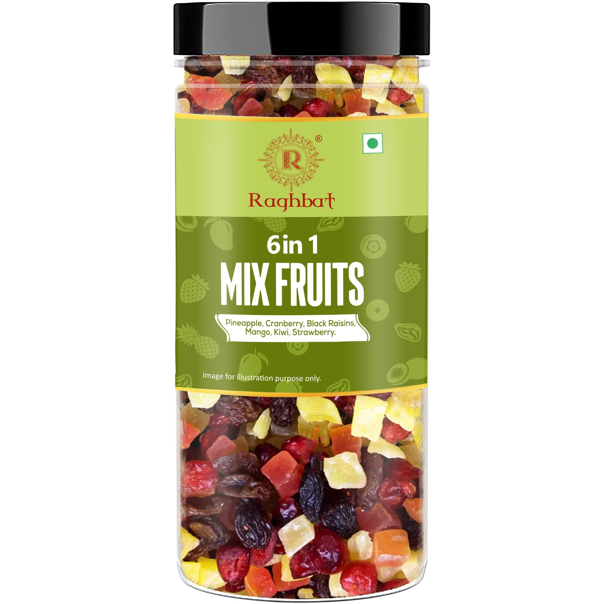 Raghbat Premium 6 In 1 Mix Fruits 250 Gram Jar | Mixed Fruits | Dried Fruits | Pineapple | Cranberry | Black Raisins | Mango | Kiwi | Strawberry | Nutritious Snack | Ready To Eat