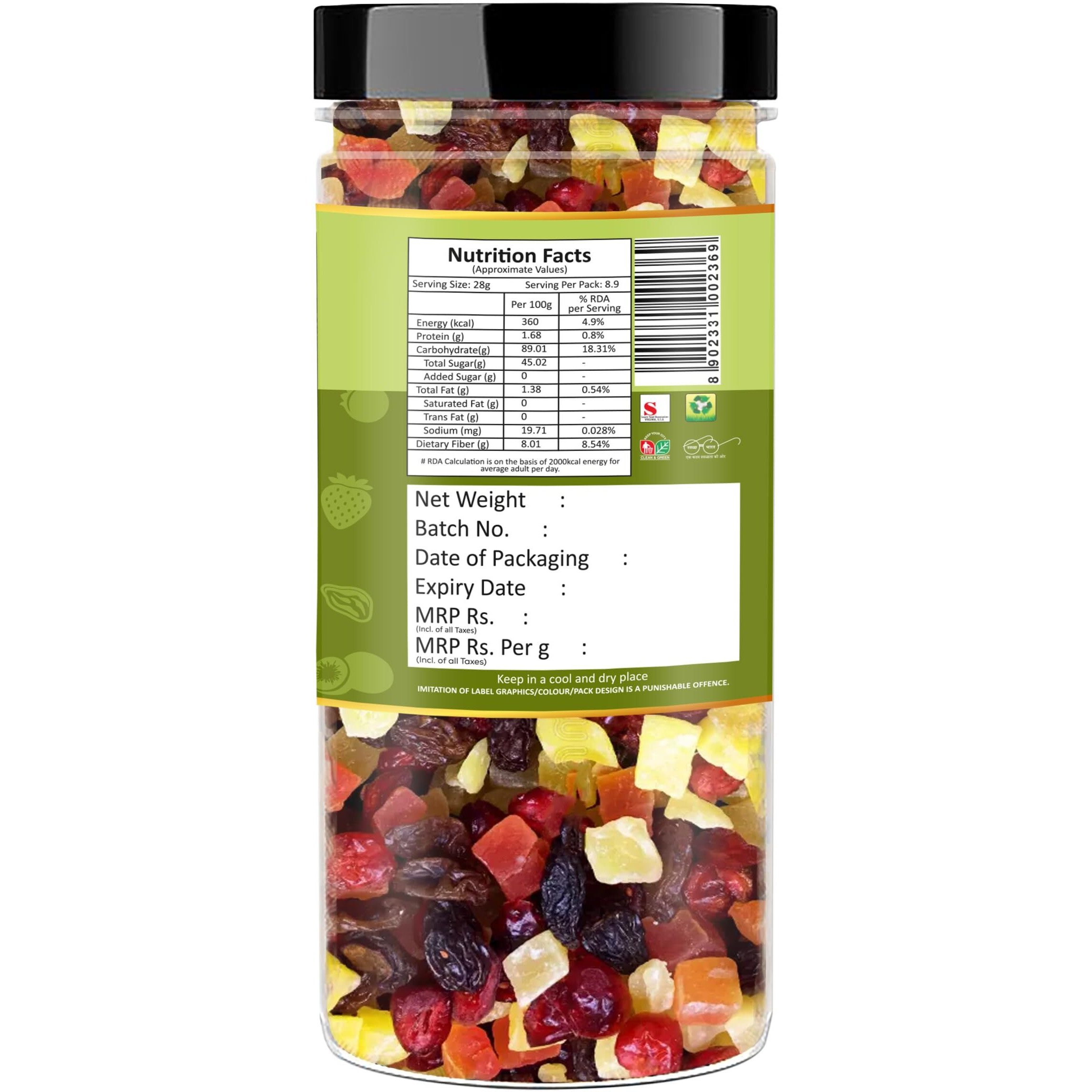 Raghbat Premium 6 In 1 Mix Fruits 250 Gram Jar | Mixed Fruits | Dried Fruits | Pineapple | Cranberry | Black Raisins | Mango | Kiwi | Strawberry | Nutritious Snack | Ready To Eat