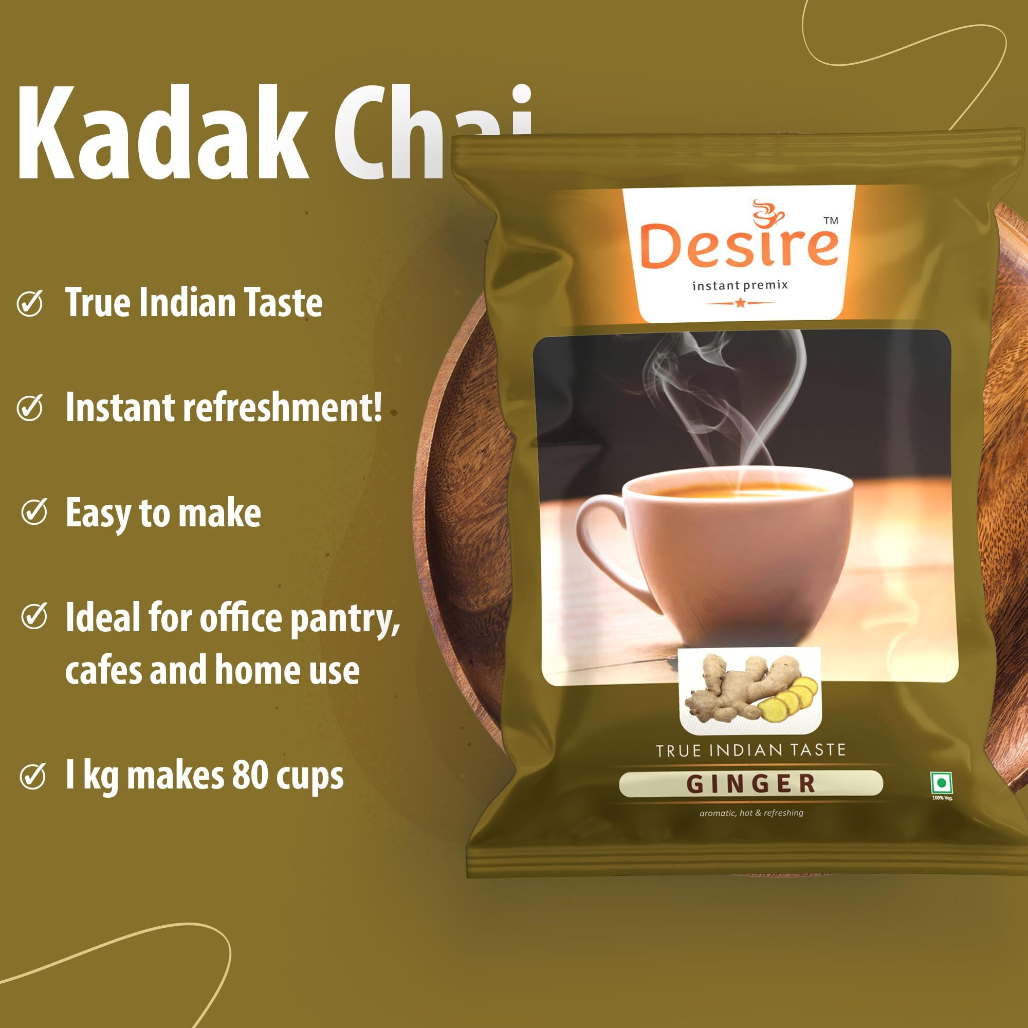 Desire Instant Premix Ginger Tea | Ready to Drink Adrak Karak Chai, Just Add Hot Water | Permium Instant Tea Mix Powder | Ideal for Manual & Vending Machine 500g (Pack of 1)