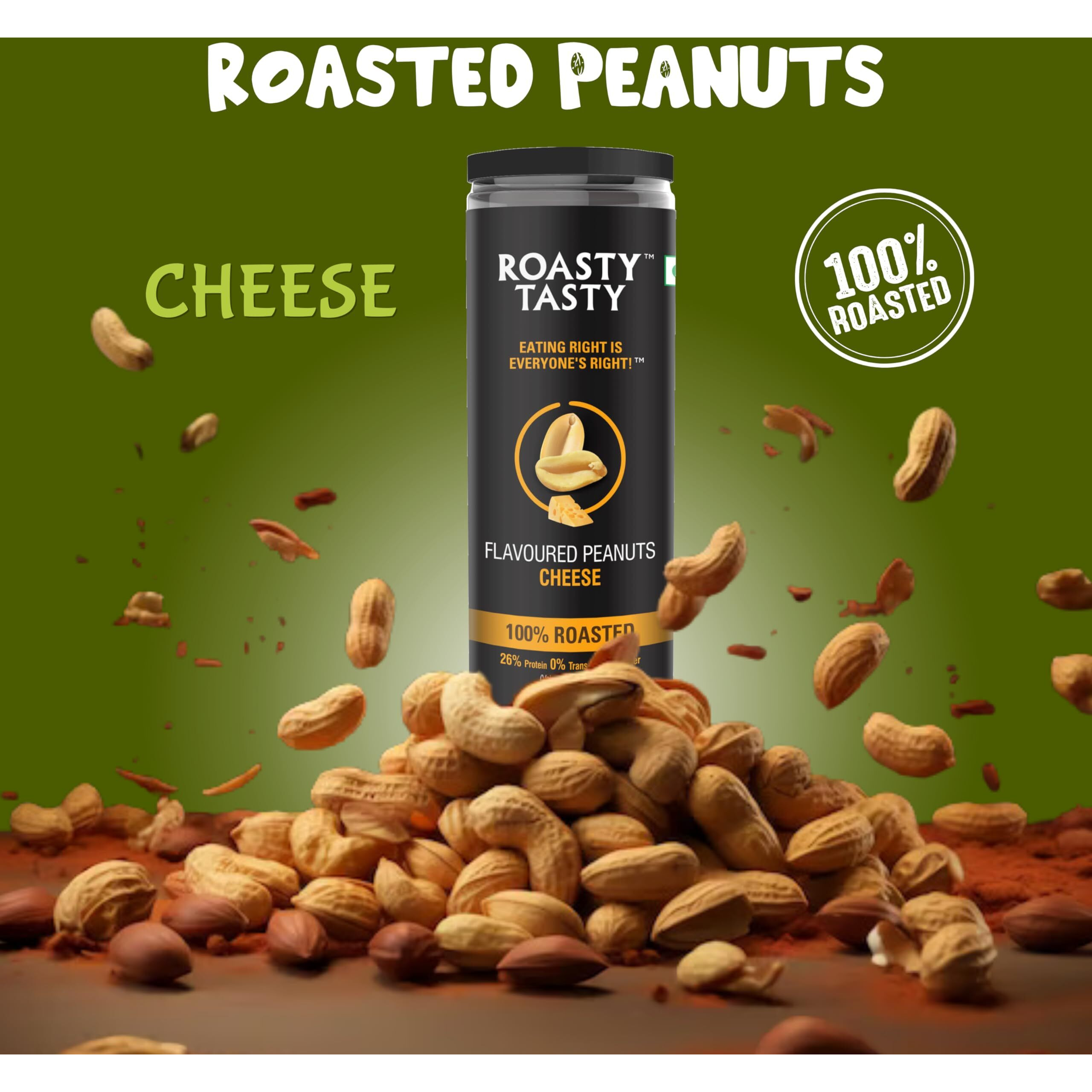 Roasty Tasty Premium Cheesy Flavour Roasted Peanuts | Healthy Snacks | Rich in Protein & Fibre | Roasted, Not Fried Snacks | Healthy Food | Gluten Free, Zero Cholesterol | Namkeen Peanuts | Crunchy Masala Peanuts | Pack of 2 (150g each)