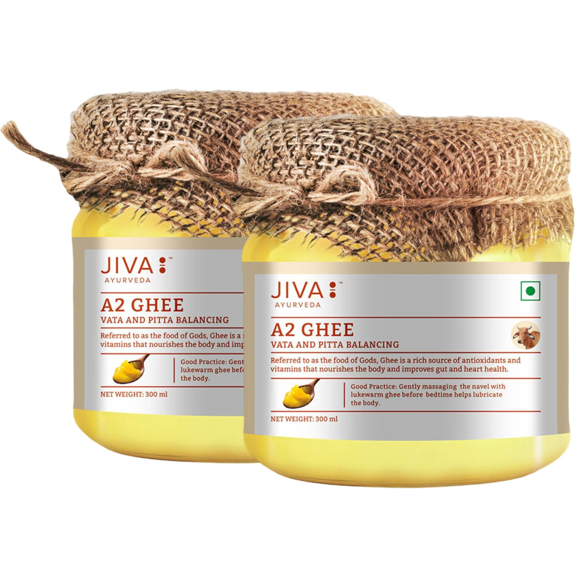 Jiva A2 Gir Desi Cow Ghee 300gm (Pack of 2) | Pure Desi Ghee | Bilona Curd Churned | Grass-fed Cultured Ghee | Pure, Natural, Healthy | Glass Jar