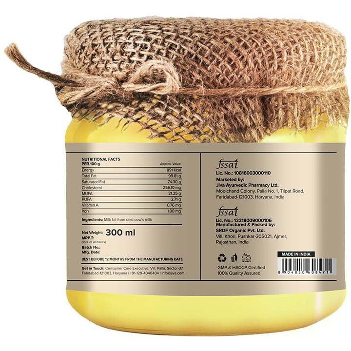 Jiva A2 Gir Desi Cow Ghee 300gm (Pack of 2) | Pure Desi Ghee | Bilona Curd Churned | Grass-fed Cultured Ghee | Pure, Natural, Healthy | Glass Jar