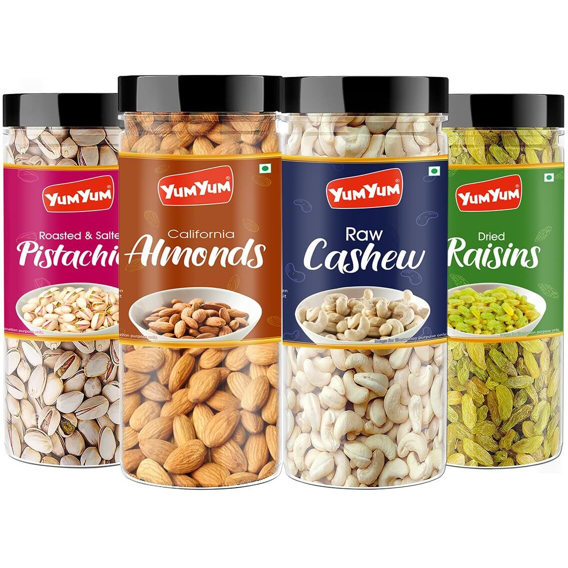 YUM YUM Dry Fruits Combo Pack of 4 (California Almonds 150g, Cashew 150g, Roasted & Salted Pistachios 150g, Green Raisins 150g) Jar Each 150g | Total 600 g | Healthy Dry Fruits Snacks