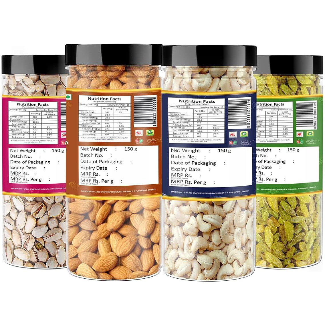 YUM YUM Dry Fruits Combo Pack of 4 (California Almonds 150g, Cashew 150g, Roasted & Salted Pistachios 150g, Green Raisins 150g) Jar Each 150g | Total 600 g | Healthy Dry Fruits Snacks