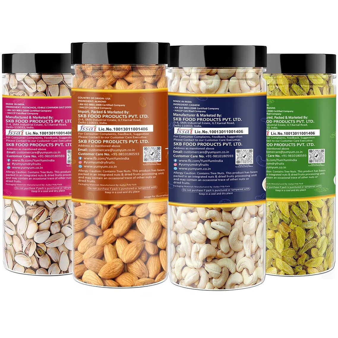 YUM YUM Dry Fruits Combo Pack of 4 (California Almonds 150g, Cashew 150g, Roasted & Salted Pistachios 150g, Green Raisins 150g) Jar Each 150g | Total 600 g | Healthy Dry Fruits Snacks