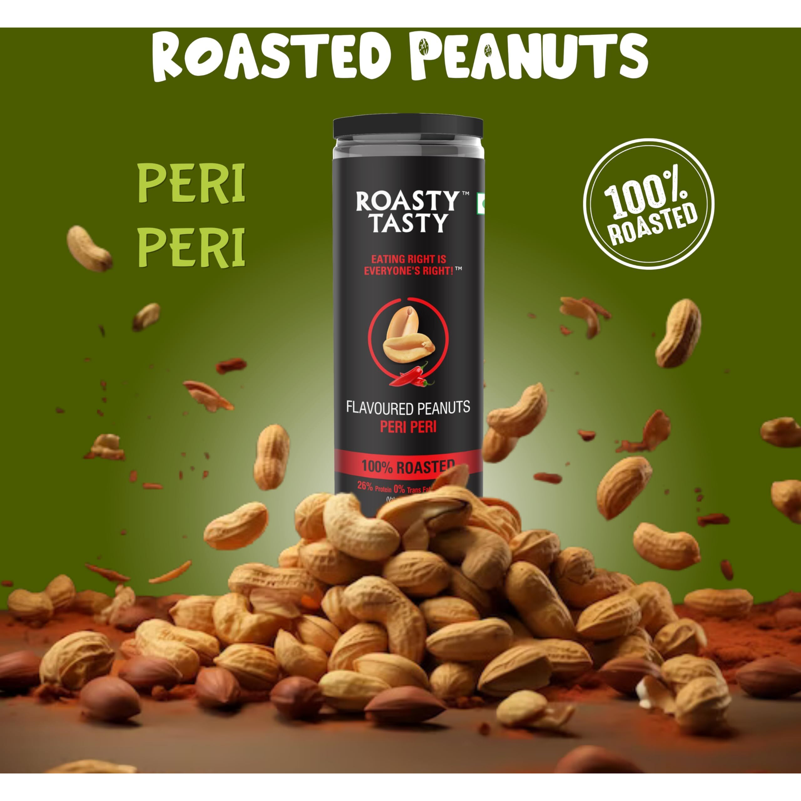 Roasty Tasty Premium Peri Peri Flavour Roasted Peanuts | Healthy Snacks | Rich in Protein & Fibre | Roasted, Not Fried Snacks | Healthy Food | Gluten Free, Zero Cholesterol | Namkeen Peanuts | Crunchy Masala Peanuts | Pack of 2 (150g each)