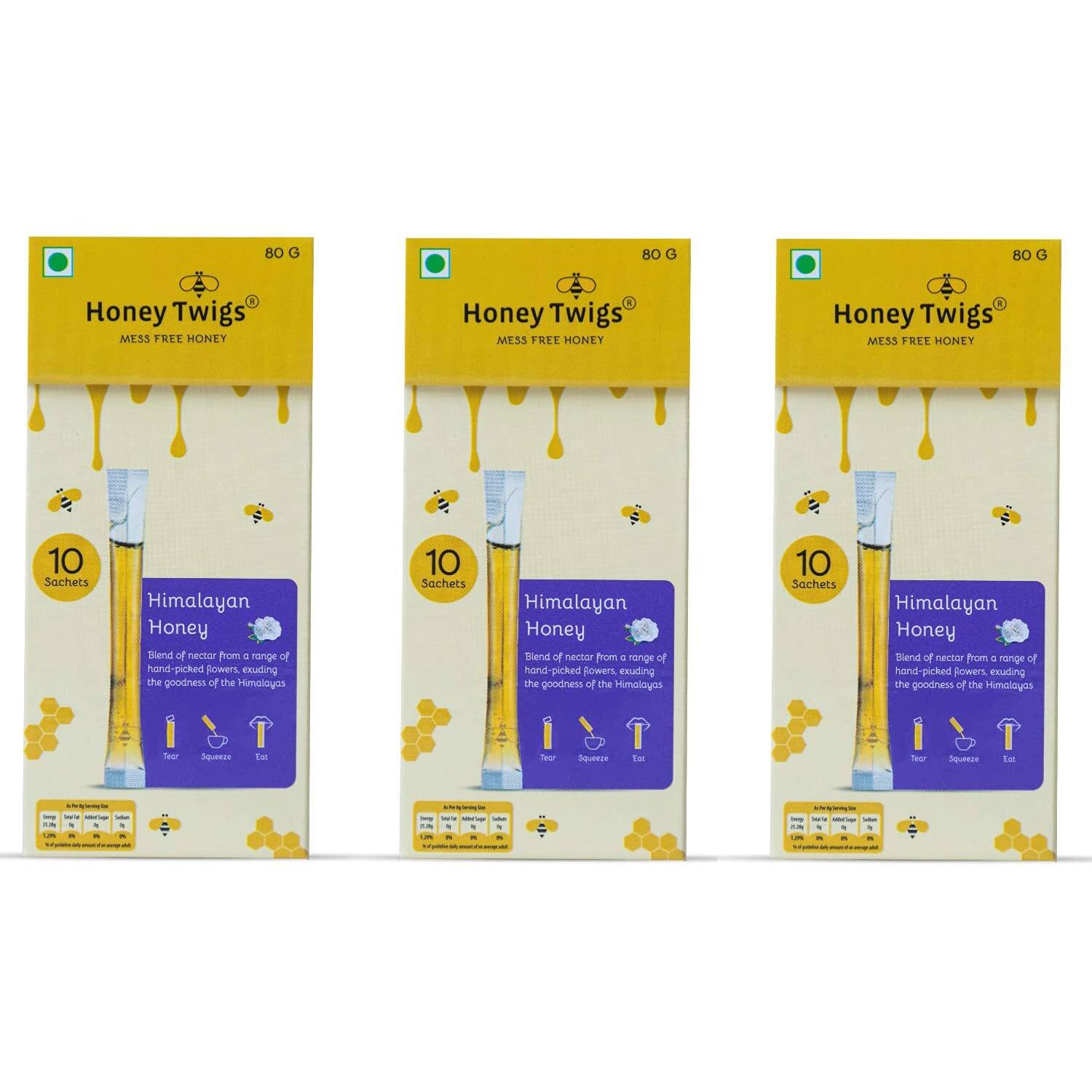 Honey Twigs Himalayan Multiflora Honey, 100% Natural Pure Honey, 240Gms (30 Single Sachets - 80G X 3 Packs) | Grade A Himalayan Honey Zero Additives | Zero Added Sugar | Immunity Booster