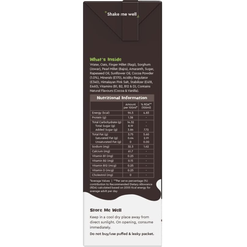 Nourish You Plant Based Millet Mlk with goodness of Ragi, Jowar, Bajra & Oats | Dairy Free | Preservatives free |Healthy Vegan Creamy Mlk Unsweetened| Chocolate Flavour Mlk |1.2L (200 ml each  6)