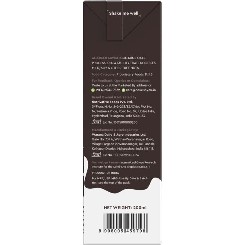 Nourish You Plant Based Millet Mlk with goodness of Ragi, Jowar, Bajra & Oats | Dairy Free | Preservatives free |Healthy Vegan Creamy Mlk Unsweetened| Chocolate Flavour Mlk |1.2L (200 ml each  6)