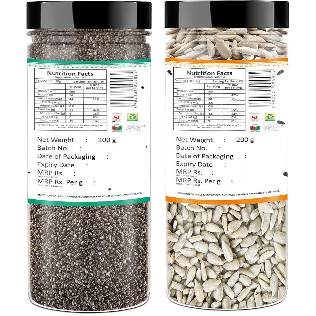 YUM YUM Roasted Seeds Combo Pack of 2- Chia 200g, Sunflower 200g