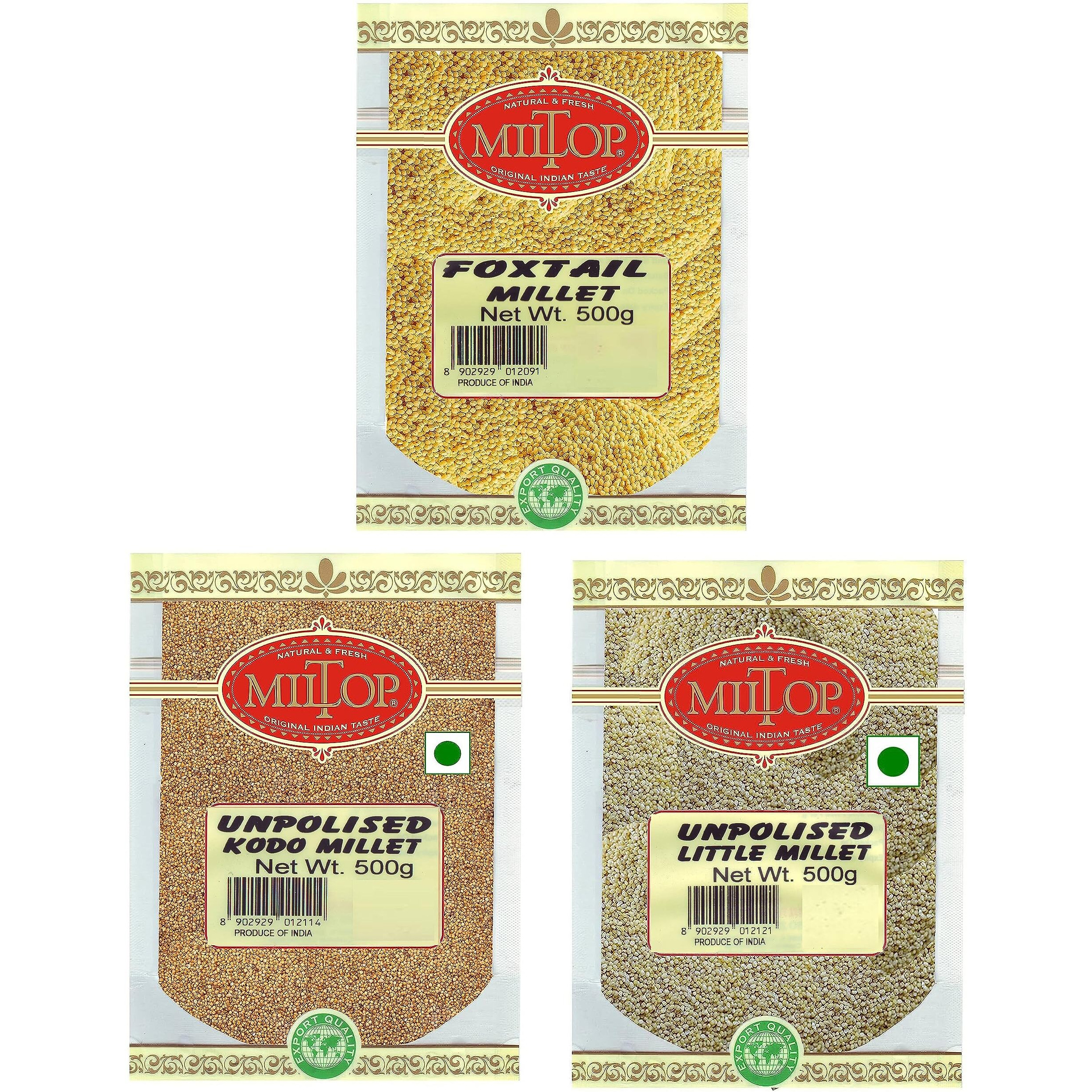Miltop Millets Natural Grains Combo Pack of 3 (Foxtail 500 g, Kodo 500 g, Little 500 g)