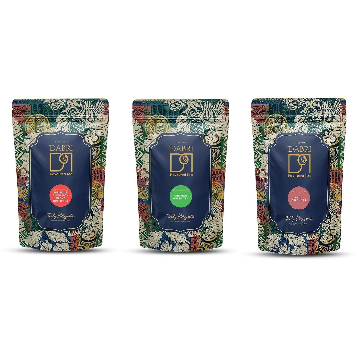 DABRI Loose Leaf Green Tea Combo Pouch - (1 X Rose Green Tea, 1 X Original Green Tea, 1 X Hibiscus Cinnamon Clove Green Tea - Combo of 3, Pouch of 100gm Each)