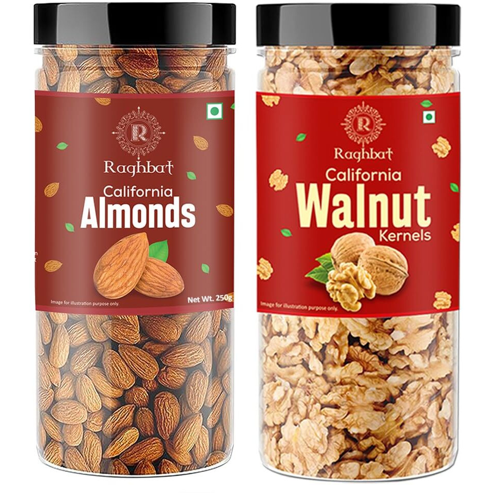 Raghbat Dry Fruits 500g Combo Pack - Almond 250g, Akhrot Giri 250g Jar Each - Almonds, Walnuts