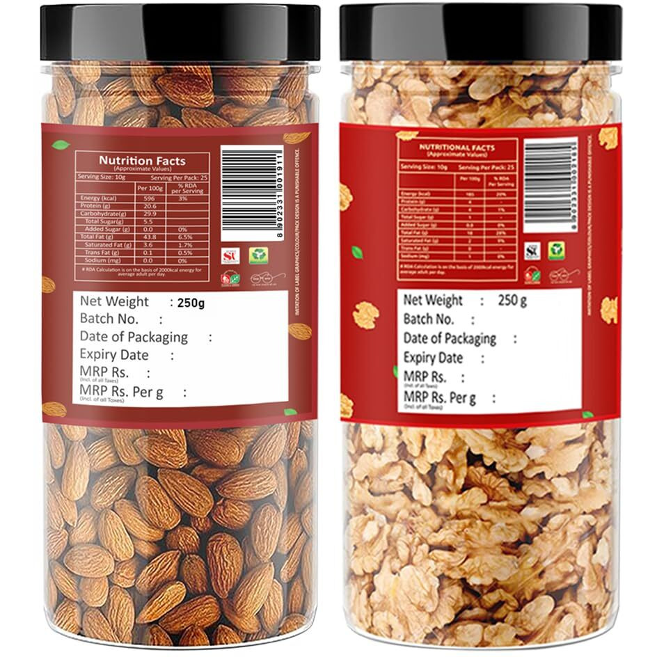 Raghbat Dry Fruits 500g Combo Pack - Almond 250g, Akhrot Giri 250g Jar Each - Almonds, Walnuts