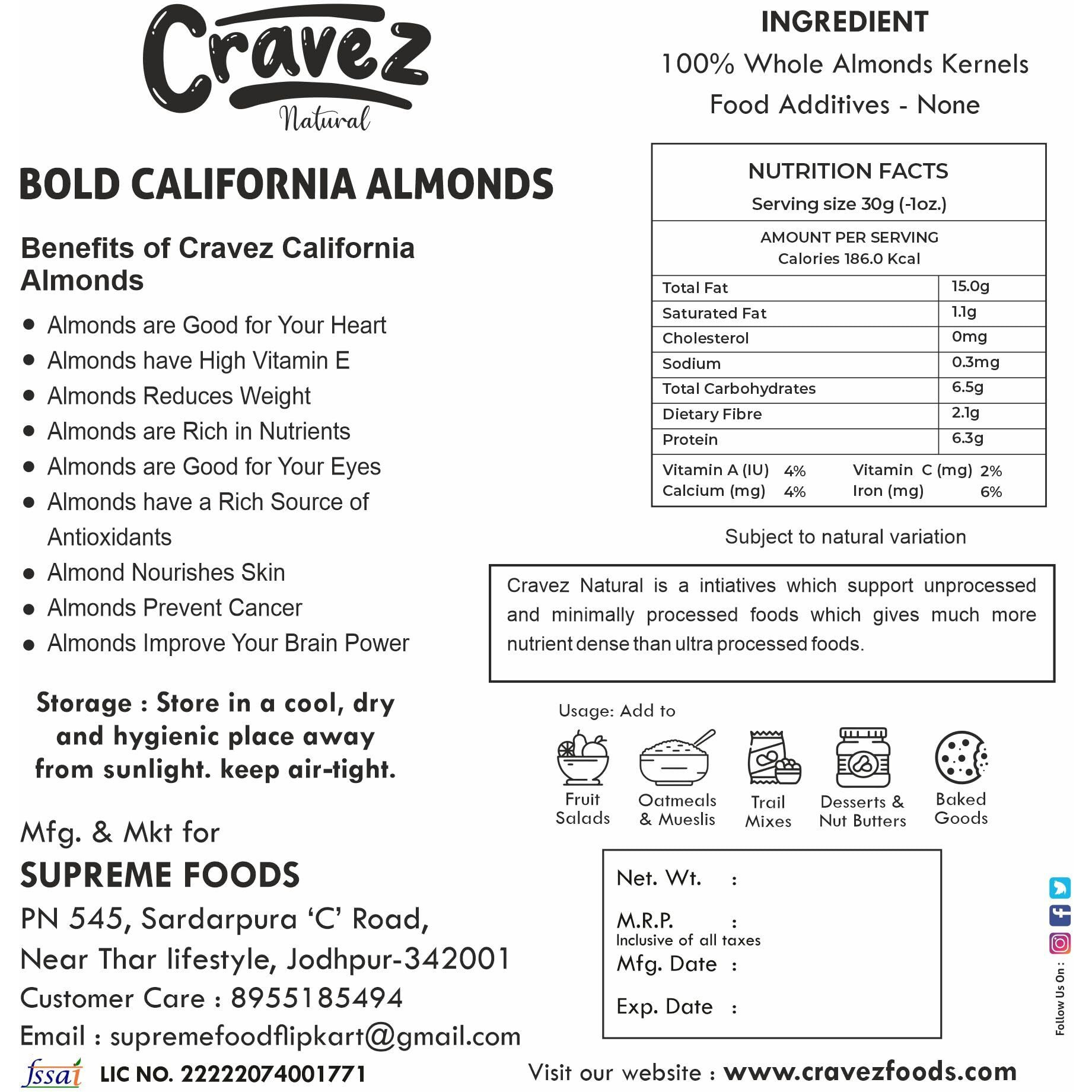 Cravez California Almonds - 250gm | Badam | High In Vitamins | High in Fiber & Boost Immunity | Whole Natural Badam | Real Nuts | Gluten Free| Hygienically Packed | Healthy Snacks for Adults & Kids