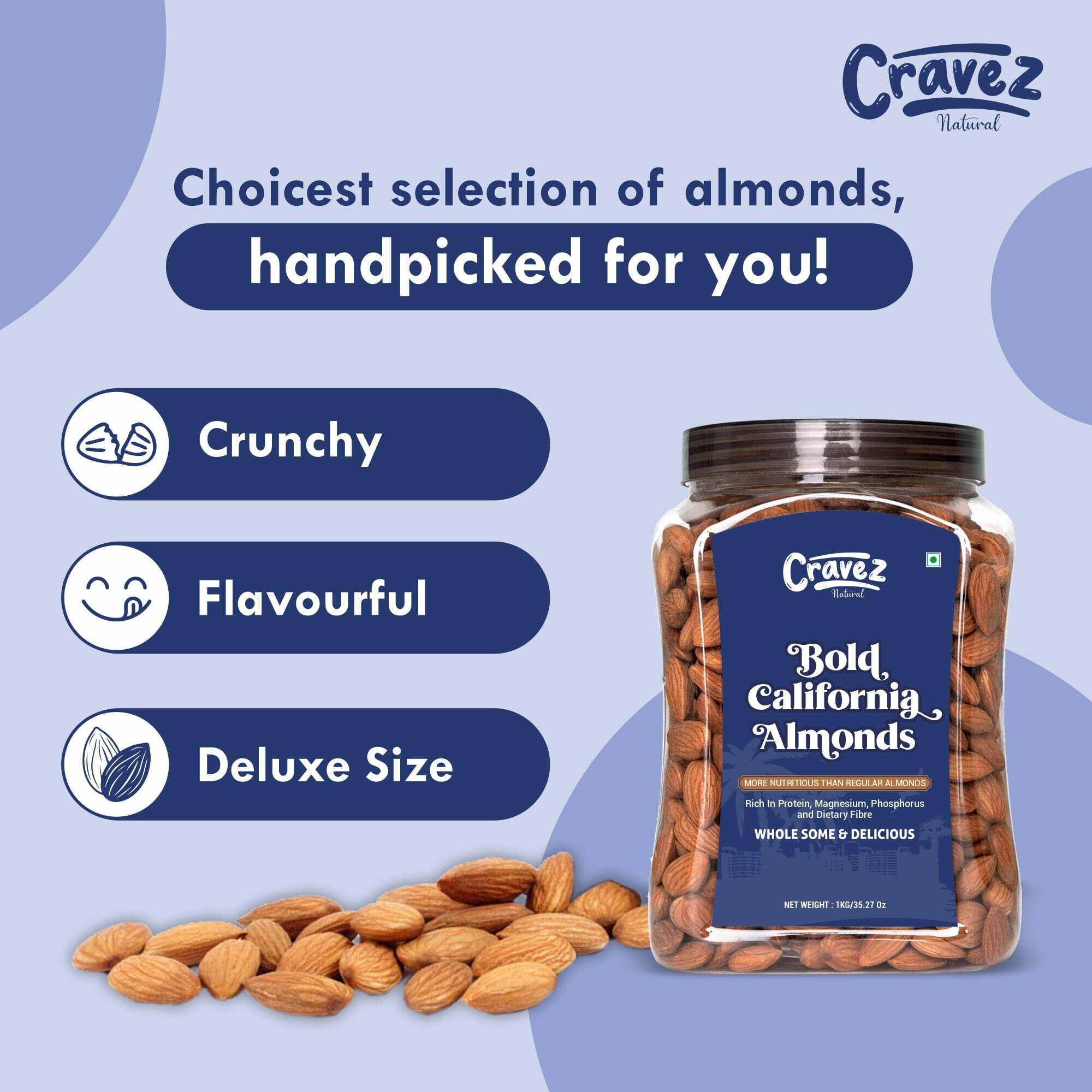 Cravez California Almonds - 250gm | Badam | High In Vitamins | High in Fiber & Boost Immunity | Whole Natural Badam | Real Nuts | Gluten Free| Hygienically Packed | Healthy Snacks for Adults & Kids