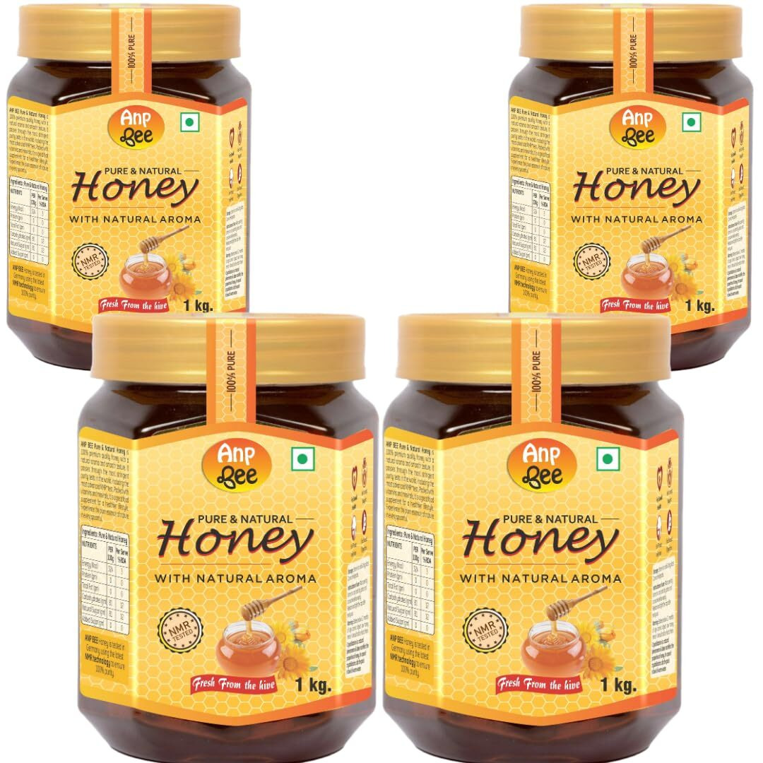 ANP BEE Raw Unpasteurized NMR Tested Natural Honey 1Kg Pack I Complies with 22 Rigorous FSSAI Quality Checks I 100% Pure, No Sugar Adulteration I Natural Immunity Booster for Adults & Kids I Pack of 4
