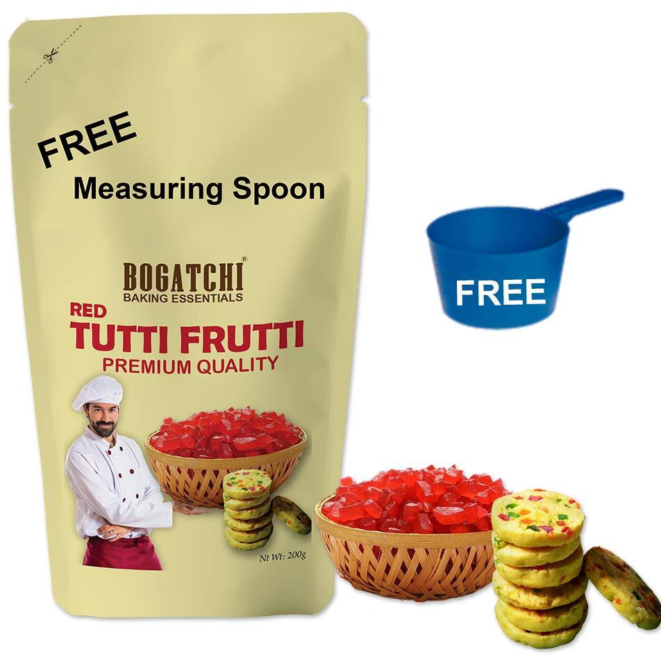 BOGATCHI Red Tutti Frutti for Cake, Ice Creams and Shakes Decorations, Red Tutti Frutti, Delicious and Tasty, 200g with Free Measuring Spoon