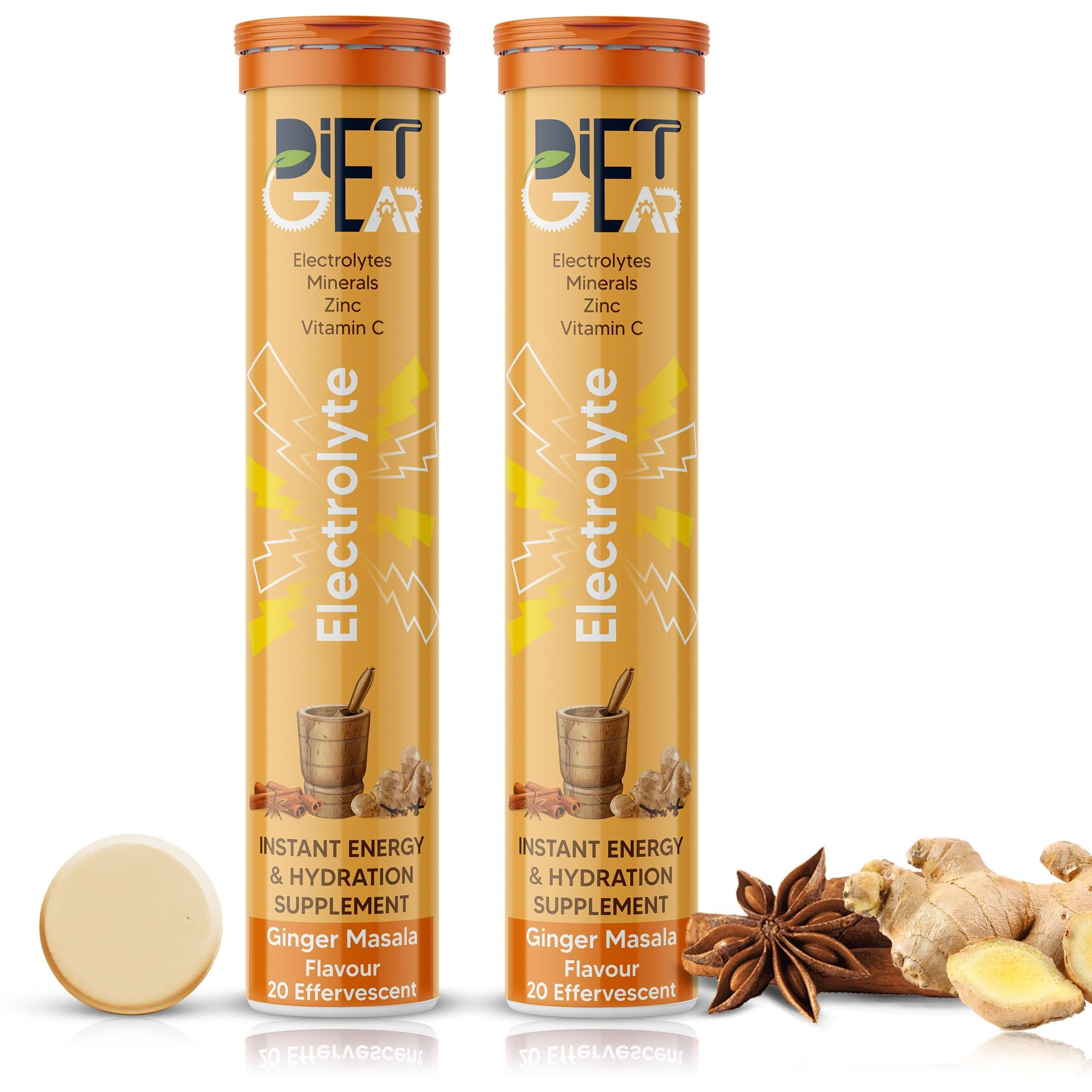 DIET GEAR Energy Drink Electrolytes 40 Effervescent Tablets (10 litre) Zero Sugar, Zero Caffeine| 7 Essential Electrolyte Salts (Na, K, Mg, Ca, Cl, Zn) + Vitamin C | Ginger Masala