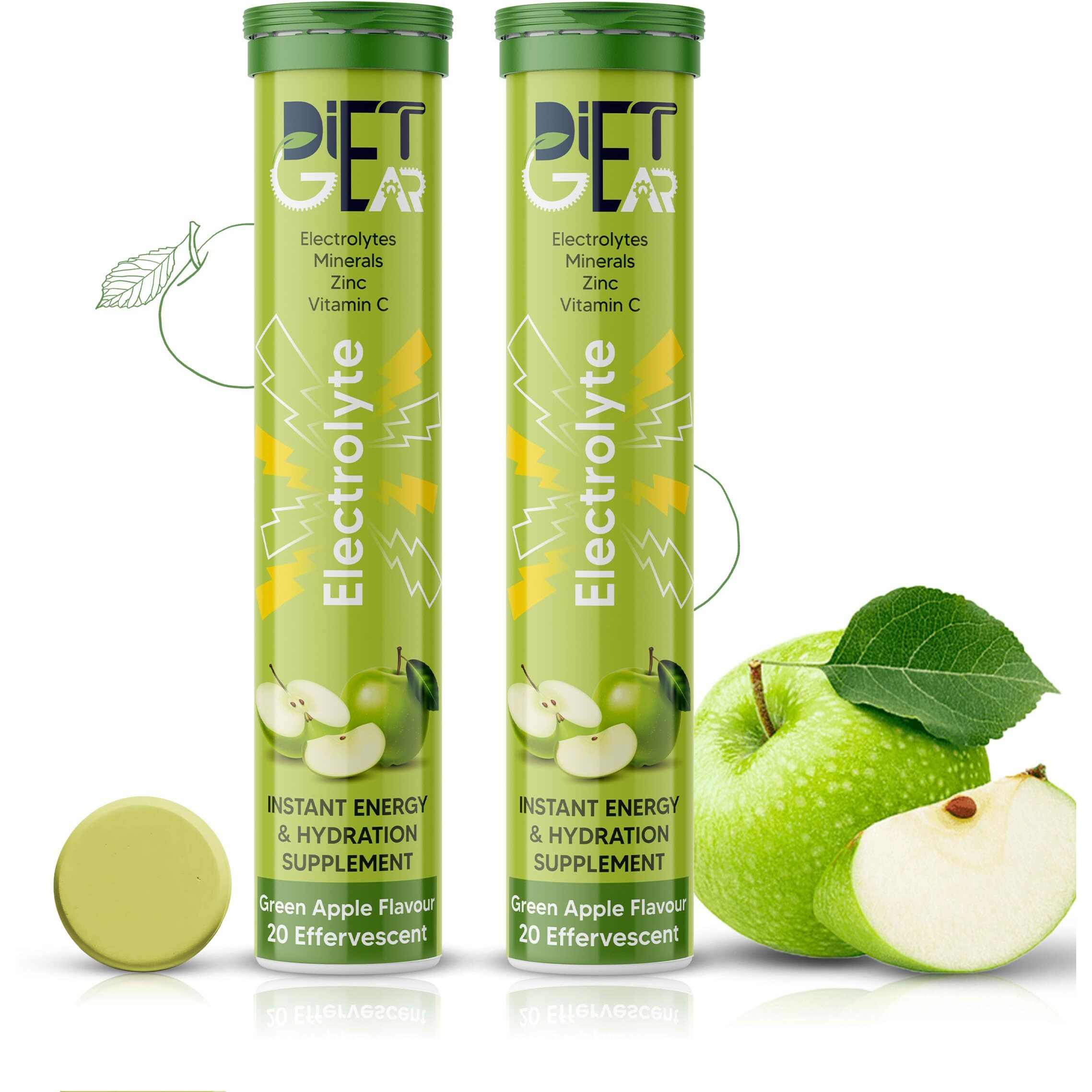 DIET GEAR Energy Drink Electrolytes 40 Effervescent Tablets (10 litre) Zero Sugar, Zero Caffeine| 7 Essential Electrolyte Salts (Na, K, Mg, Ca, Cl, Zn) + Vitamin C | Green Apple