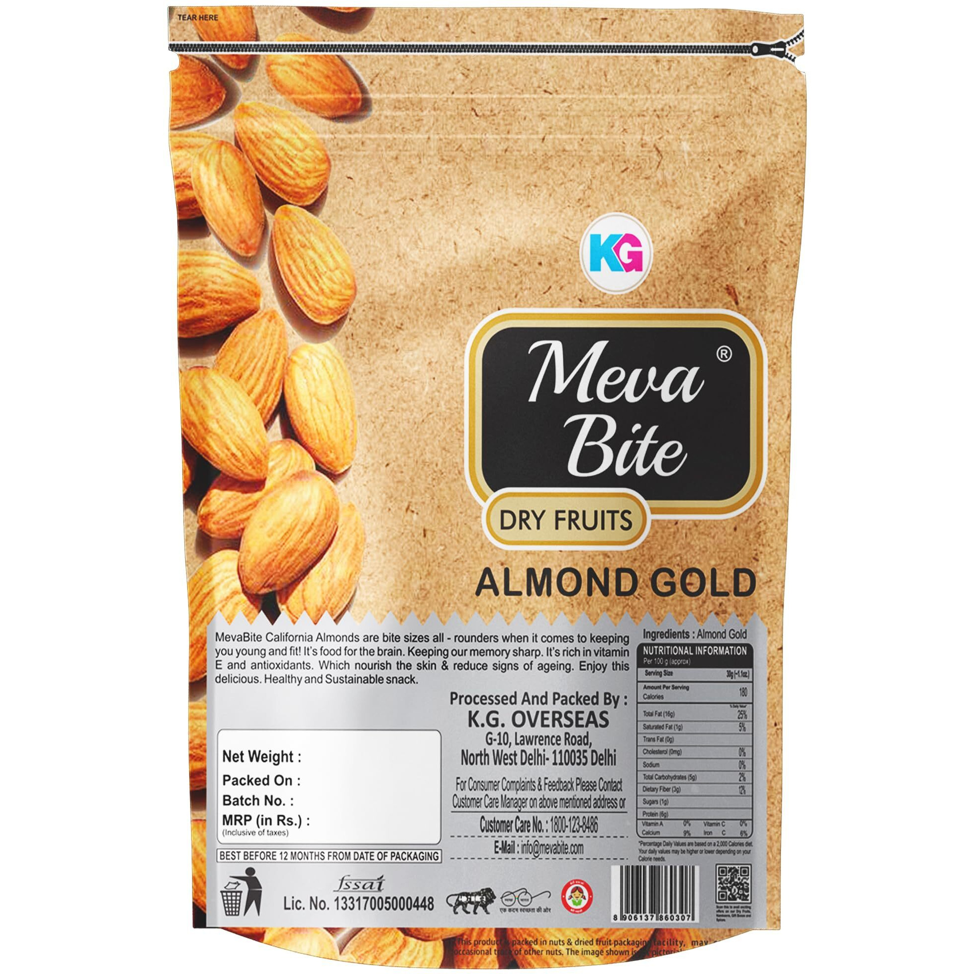 MevaBite Almonds Gold (JUMBO SIZE) Badam | 100% Natural Premium Raw Bold Size Almonds Pack Dried, Nutritious & Delicious Badam, Rich in Vitamin E & Manganese, Dry Fruit (Bold Size, 200 Grams)
