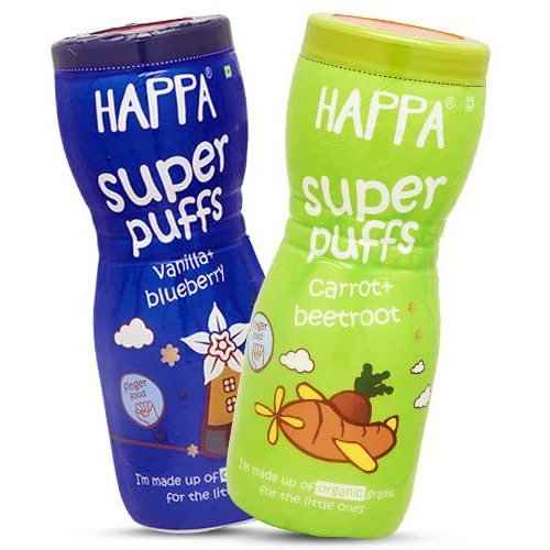 Happa Organic Multigrain Vanilla Blueberry & Carrot Beetroot Melts Teething Puffs | Nutritious, Organic Baby Food and Snacks | No Artificial Flavours | Not Fried | No Rice Bran Oil | Pack of 2