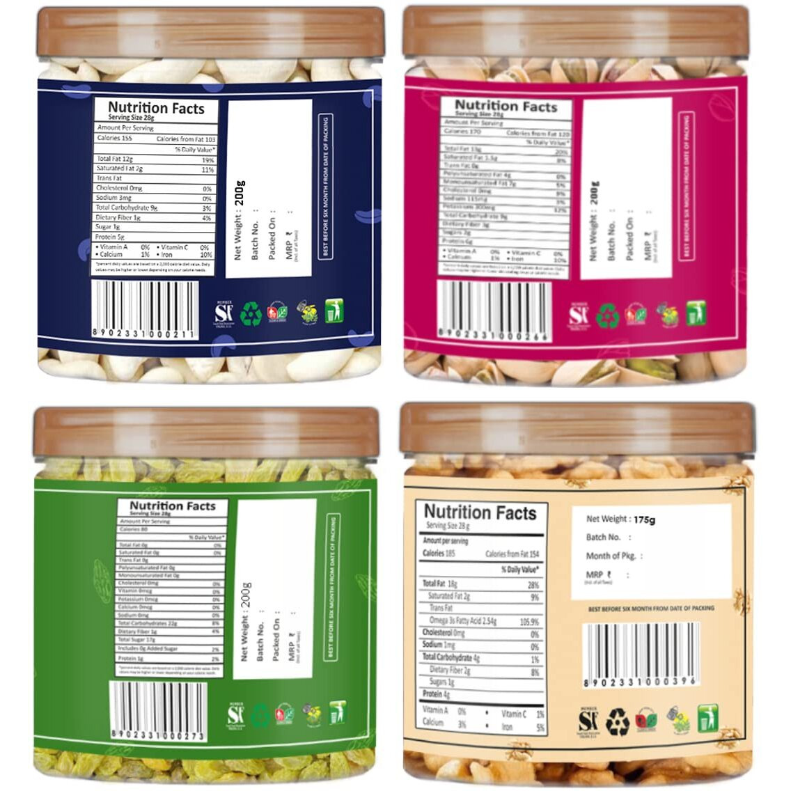 YUM YUM Premium Dry Fruits Combo Pack of 4 | Cashew 200g, Pistachios 200g, Raisins 200g,Walnut Kernels 175g| Total 775g | Healthy Dry Fruits Snacks | Kaju,Pista, Kismis,Akhrot Giri Combo