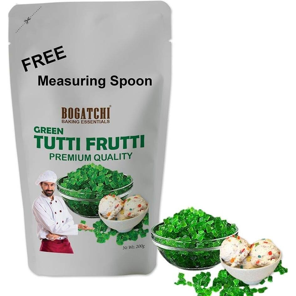 BOGATCHI Green Tutti Frutti for Cake, Ice Creams and Shakes Decorations, Green Tutti Frutti, Delicious and Tasty, 200g with Free Measuring Spoon