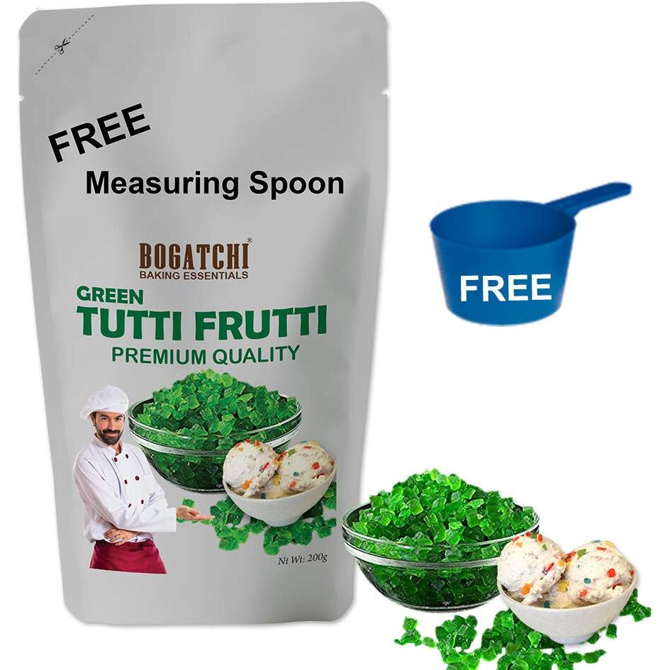 BOGATCHI Green Tutti Frutti for Cake, Ice Creams and Shakes Decorations, Green Tutti Frutti, Delicious and Tasty, 200g with Free Measuring Spoon