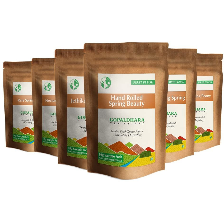 Gopaldhara Darjeeling Rare First Flush Tea Sample Pouches - Fresh Year Tea 60gms Pack of 6 Teas From the Gopaldhara Tea Estate Highest Elevation 7000 Feet