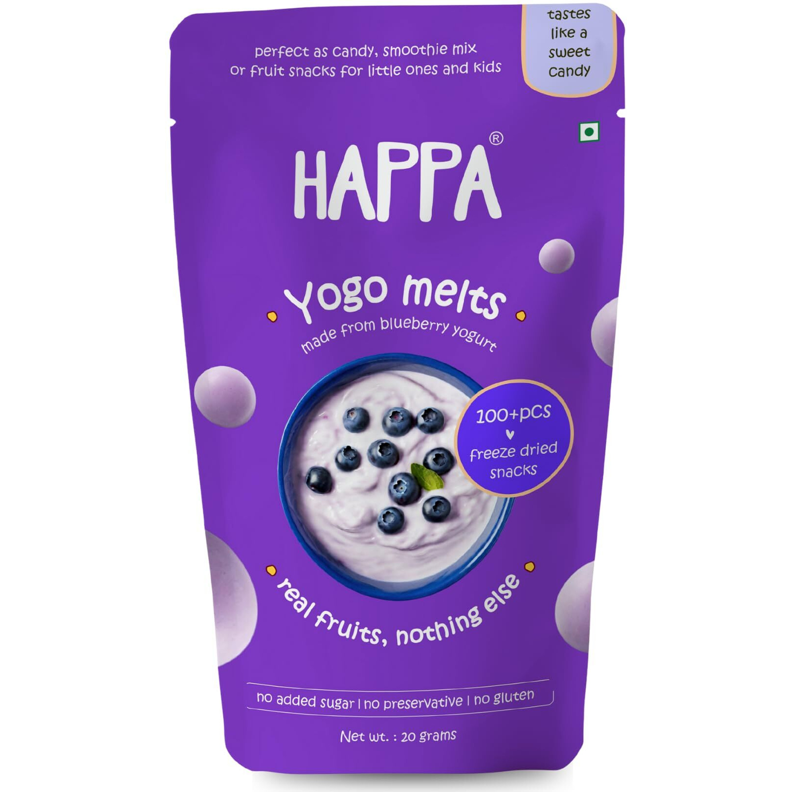 Happa Blueberry Yogo Melts | Real Fruit and Real yogurt snacks | Probiotics - Immunity Booster | Protien and Calcium |Safe for ages 8 months onwards | Easy to Carry | Great Taste | 100 units