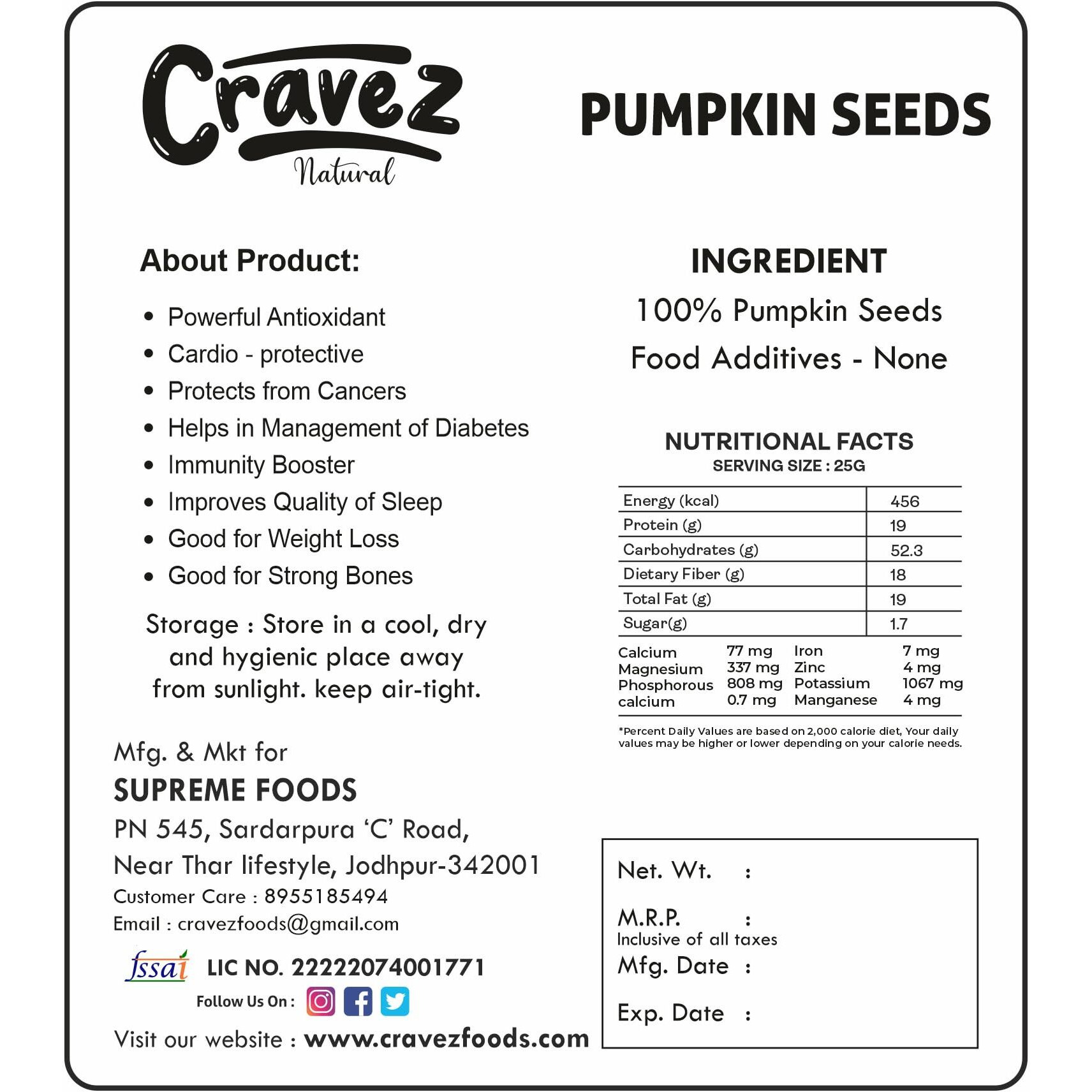 Cravez Pumpkin Seeds - 1kg Premium Raw Seeds | Seeds for Weight Loss | Diet Food | Seeds for Hair Growth | Rich in Fibre and Omega 3 | Rich in Protein | Healthy Snacks