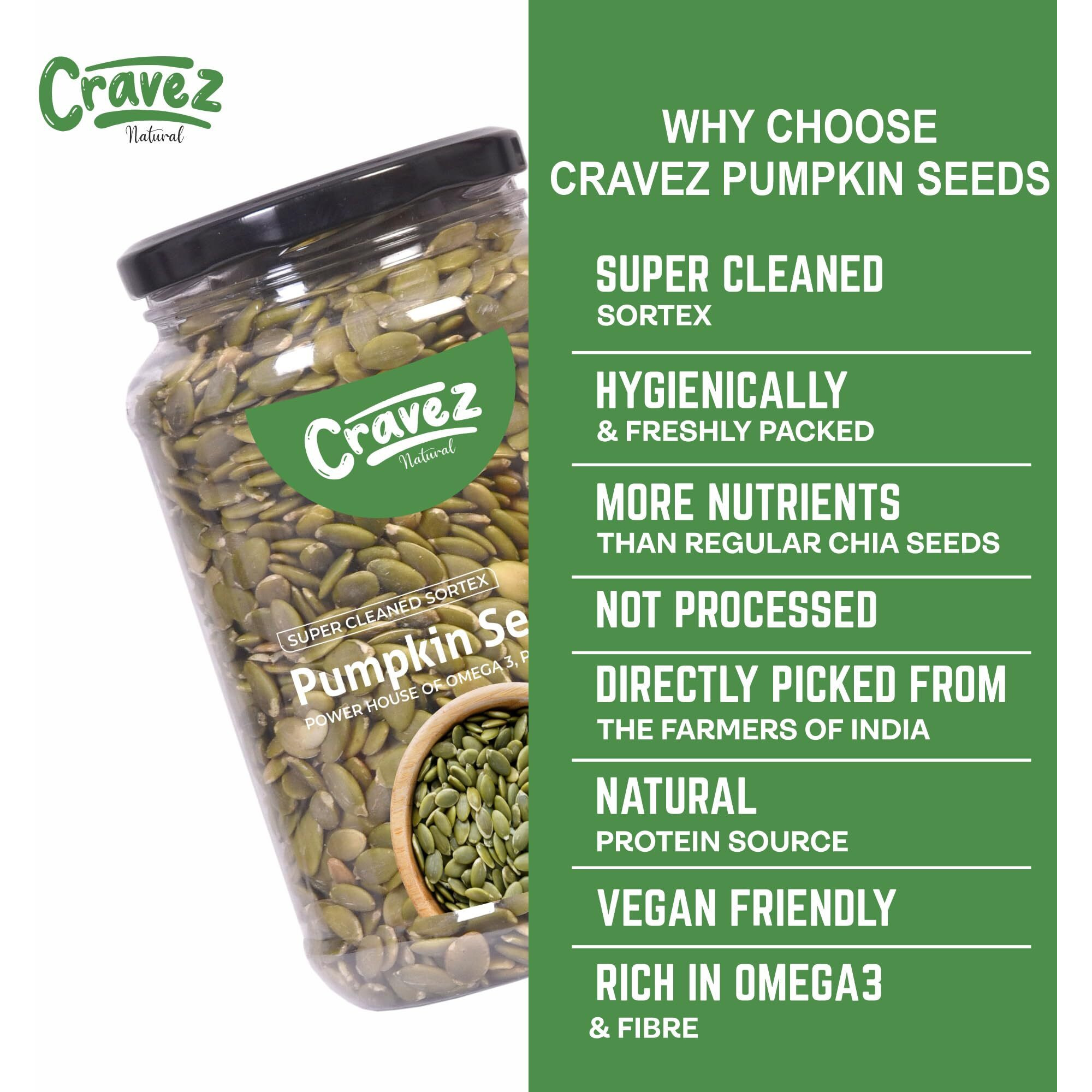 Cravez Pumpkin Seeds - 1kg Premium Raw Seeds | Seeds for Weight Loss | Diet Food | Seeds for Hair Growth | Rich in Fibre and Omega 3 | Rich in Protein | Healthy Snacks