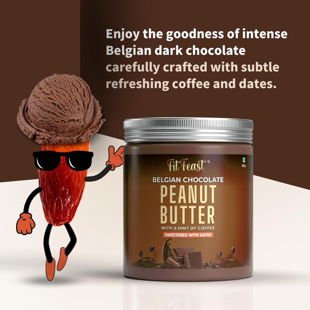 FitFeast Belgian Chocolate Peanut Butter | Hint of Coffee | Intense Dark Chocolate Taste | No Trans Fats | No Cholesterol | Sweetened with Dates | Antioxidant-Rich (Pack of 2)