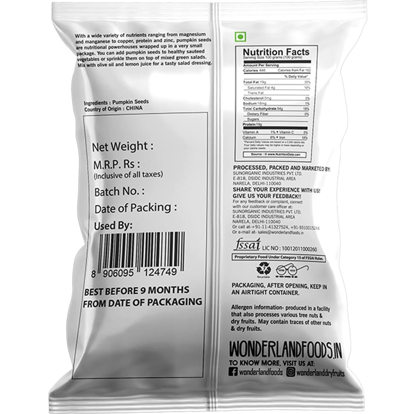 Wonderland Foods Raw & Unroasted Pumpkin Seeds 150g Pack of 1 Pouch I Kaddu Seeds Full of Protein, Antioxidants, & Fibre I Great Source of Omega 3 & Omega 6 I Immunity Booster Dieting Snack