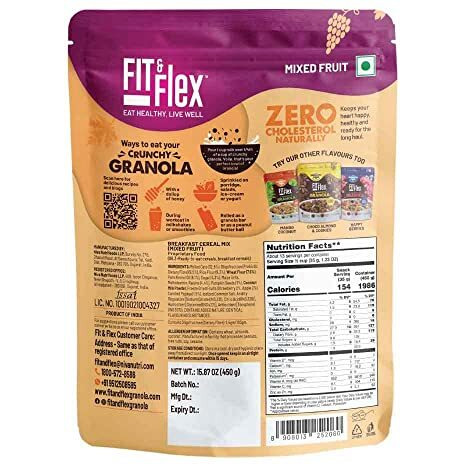 FIT & FLEX Baked Crunchy Granola Mixed Fruit Oat Rich Cereal With High Protein&Fibre Ready To Eat Granola For Breakfast Real Freeze Dried Fruits Snacks As Seen On Shark Tank India 450 Gm