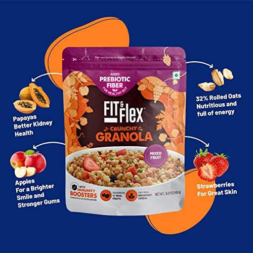 FIT & FLEX Baked Crunchy Granola Mixed Fruit Oat Rich Cereal With High Protein&Fibre Ready To Eat Granola For Breakfast Real Freeze Dried Fruits Snacks As Seen On Shark Tank India 450 Gm