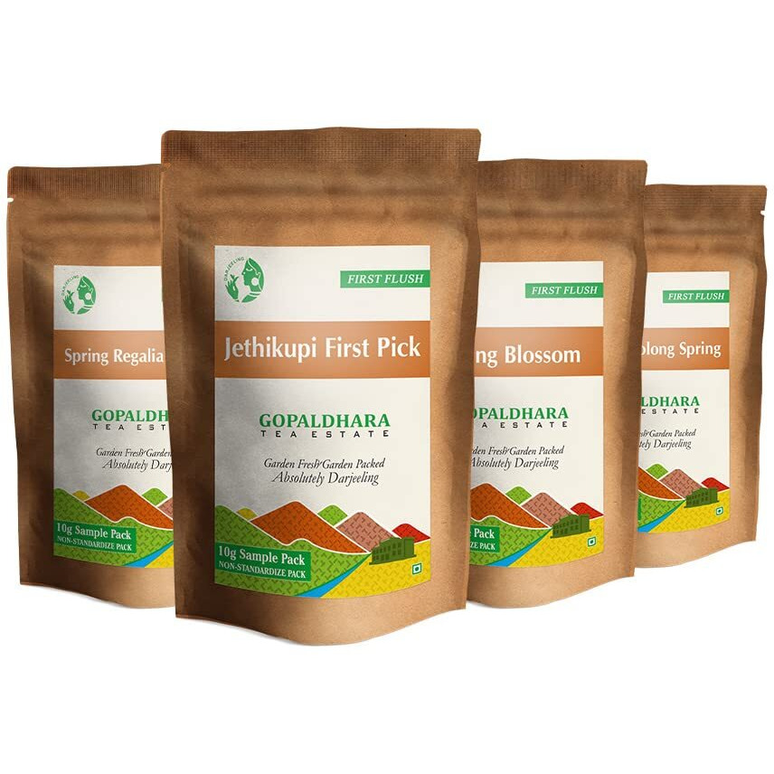 Gopaldhara Darjeeling Finest Rohini First Flush Tea Sample Pouches - Fresh Year Tea 40gms Pack of 4 Teas From the Rohini Tea Estate Highest Elevation 7000 Feet