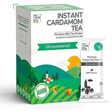 TeaFit Premium Zero Sugar Instant Cardamom Tea Pack of 20 Sachets (280gm) | Cardamom Tea Premix | Diabetic Friendly | Instant Milk Tea Premix | Ready to Drink | Instant Tea Premix | Tea Powder