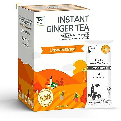 TeaFit Premium Zero Sugar Instant Ginger Tea Pack of 20 Sachets (280gm) | Ginger Tea Premix | Diabetic Friendly | Instant Milk Tea Premix | Ready to Drink | Instant Tea Premix | Tea Powder
